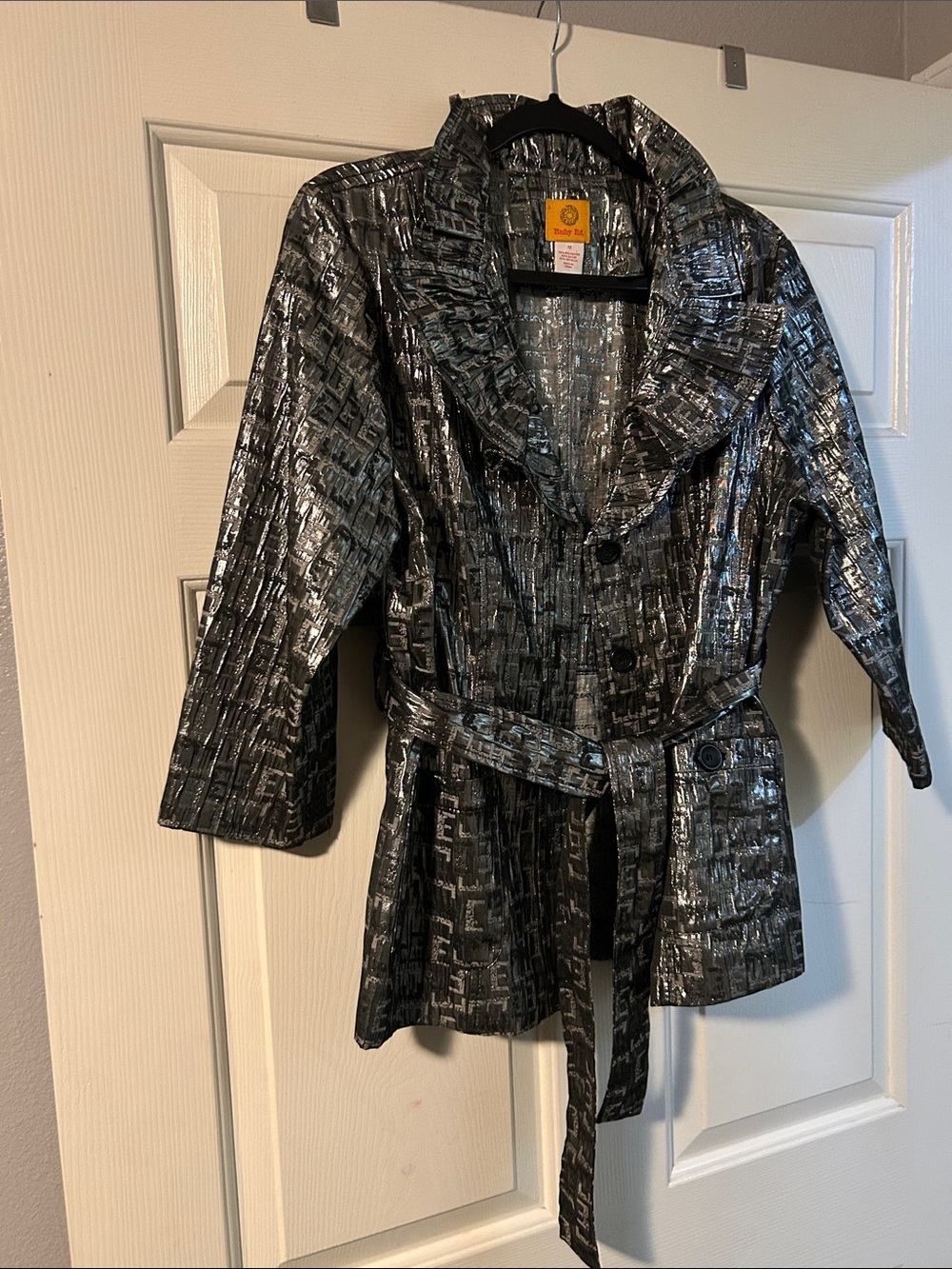 Ruby Rd. Metallic Silver & Black Belted Trench Jacket